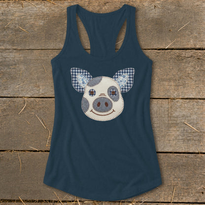 Dark blue racerback tank top with a patched pig face design.