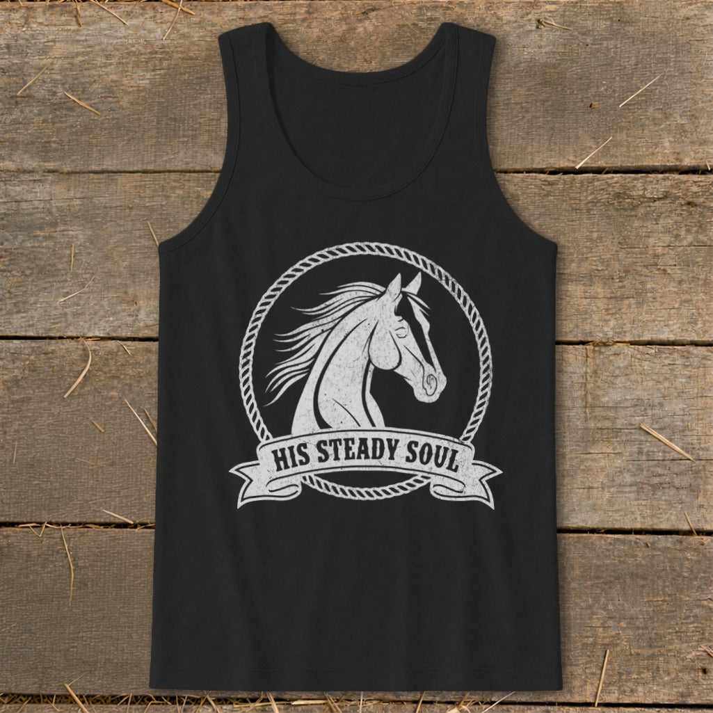 Black tank top with horse graphic and "HIS STEADY SOUL" text.