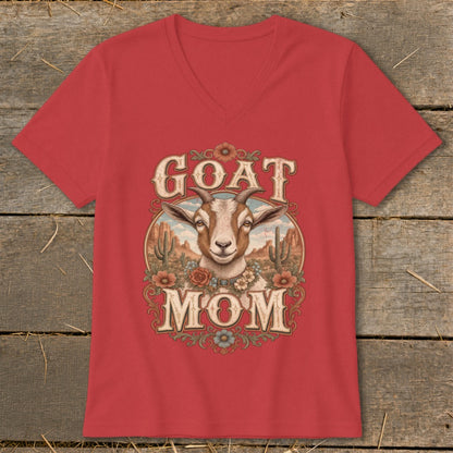 Red t-shirt with "GOAT MOM" text and a goat's head in a desert landscape design.