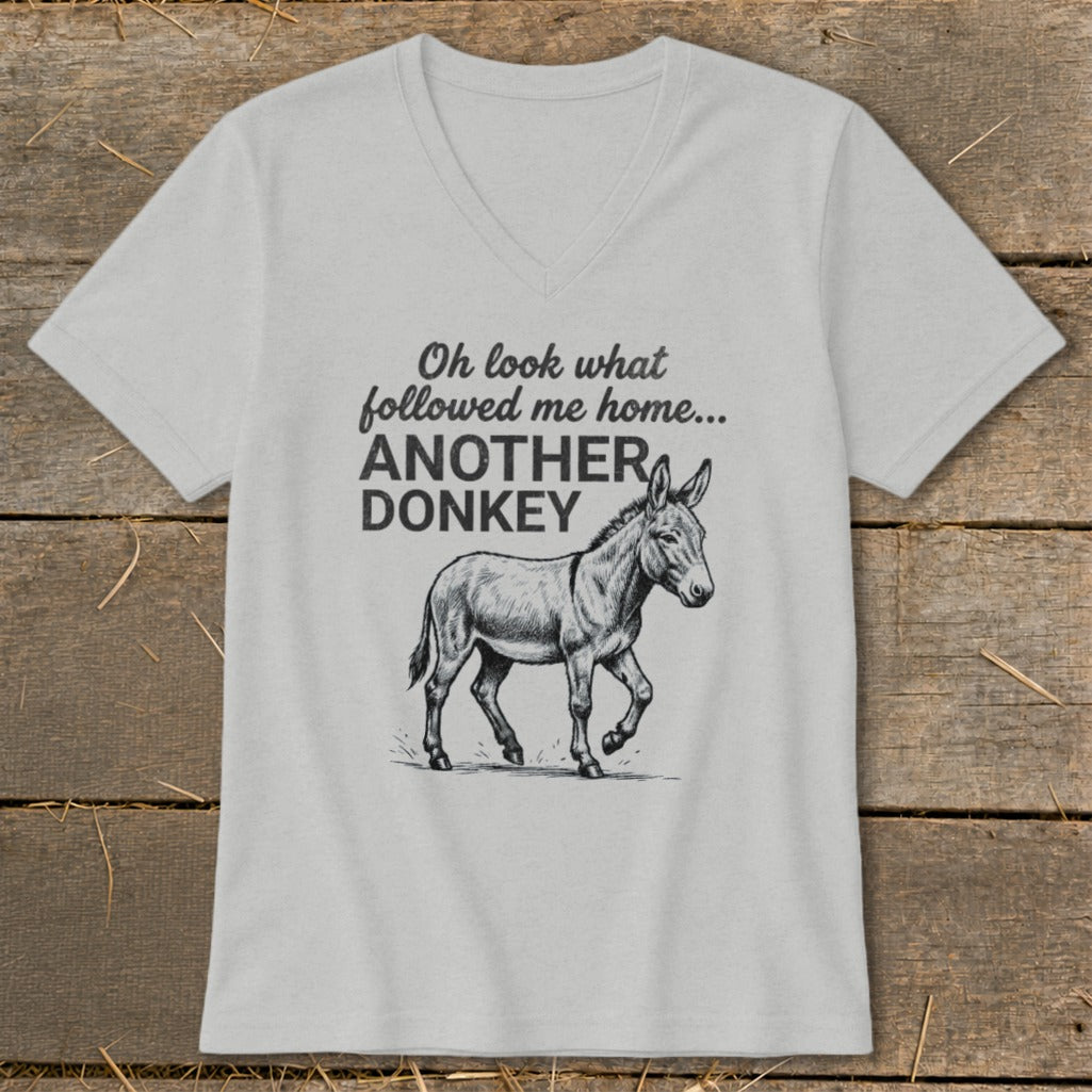 Grey v-neck t-shirt with text and drawing of a donkey.