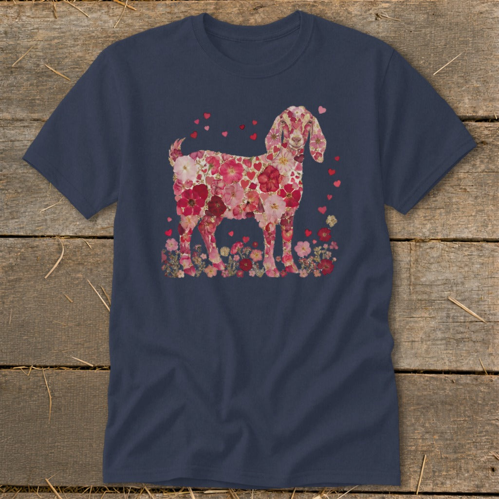 Navy t-shirt with a goat silhouette made of pink and red flowers and hearts.