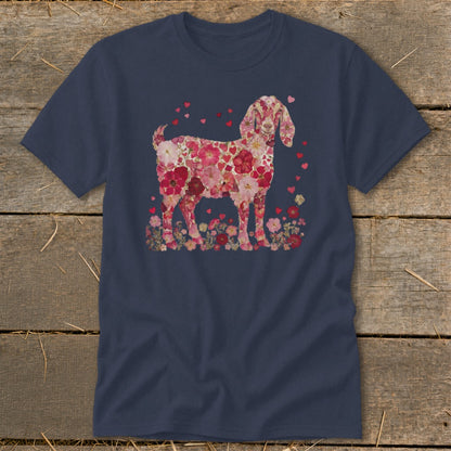 Navy t-shirt with a goat silhouette made of pink and red flowers and hearts.