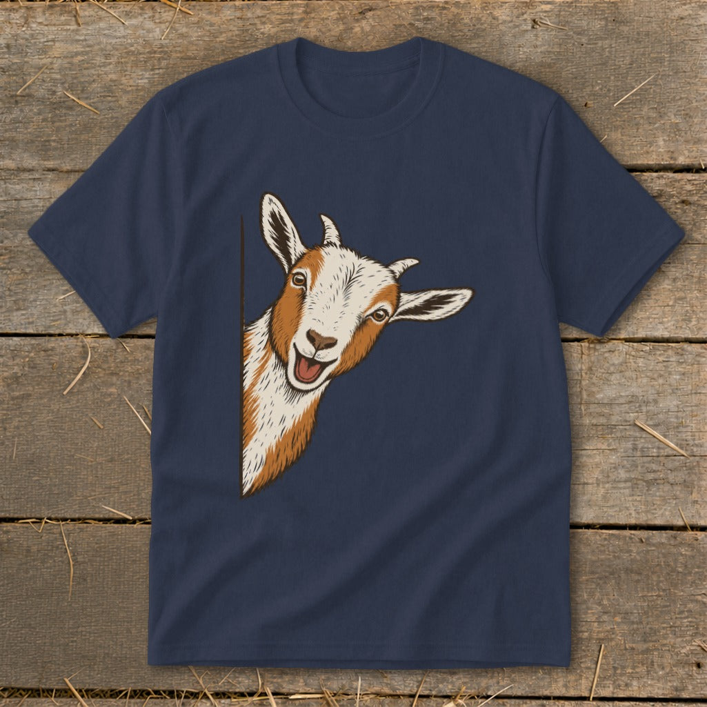Navy t-shirt with a peeking goat illustration on the front.