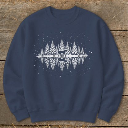 Dark blue sweatshirt with white silhouette of horse in snowy pine forest reflection.