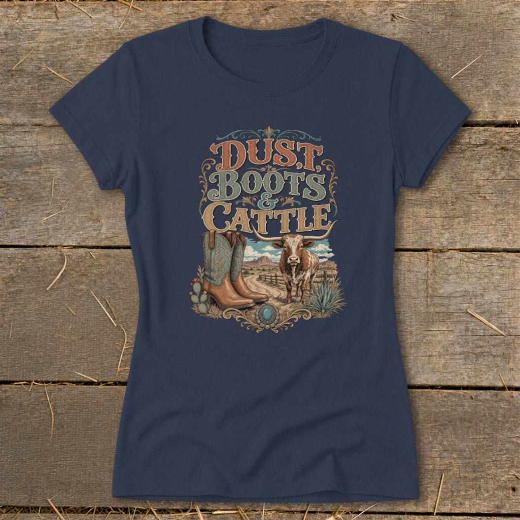 Navy t-shirt with "Dust Boots & Cattle" graphic featuring cowboy boots and a cow.