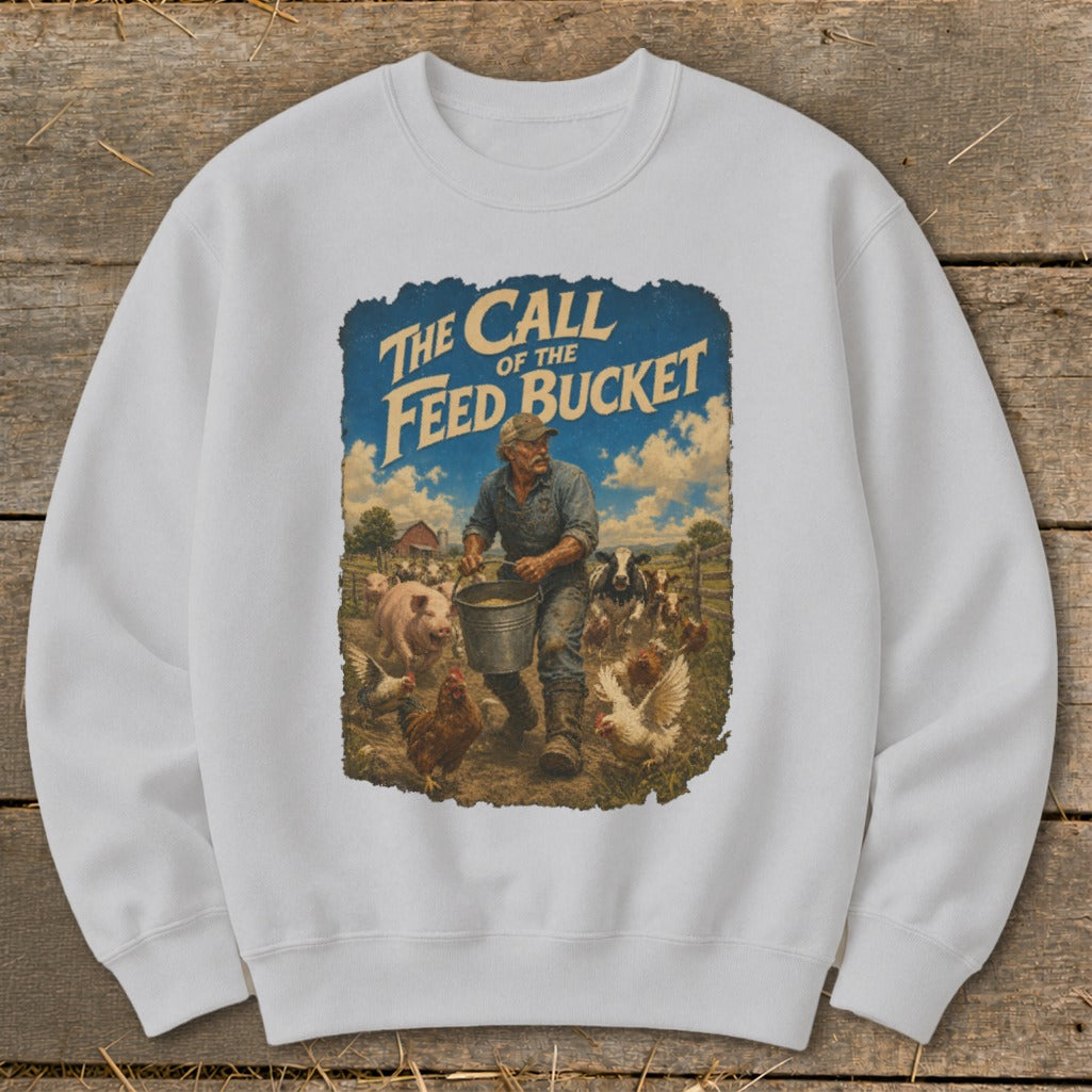 Farmer feeding farm animals with a bucket, "The Call of the Feed Bucket" text.