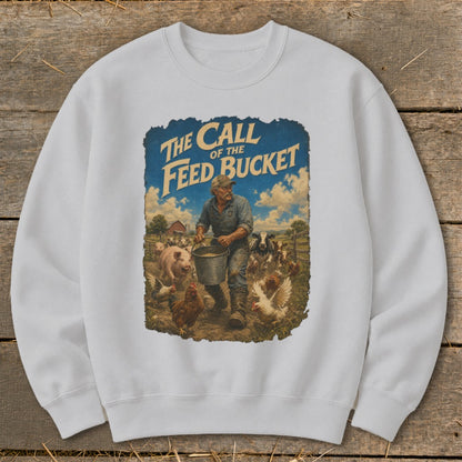 Farmer feeding farm animals with a bucket, "The Call of the Feed Bucket" text.
