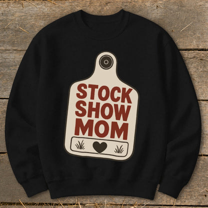 Black sweatshirt with "Stock Show Mom" graphic on a tag with a heart.