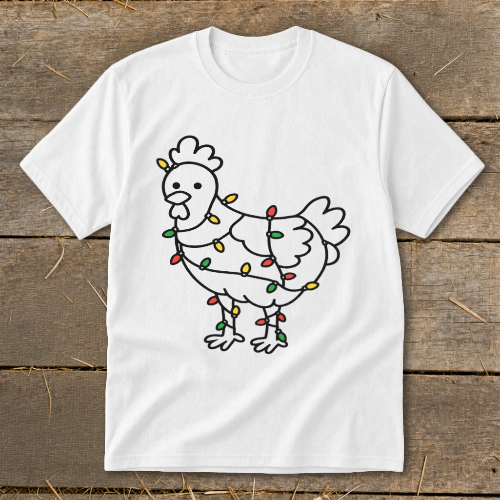 White t-shirt with a black outline drawing of a chicken wrapped in colorful Christmas lights.
