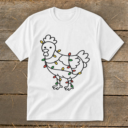 White t-shirt with a black outline drawing of a chicken wrapped in colorful Christmas lights.