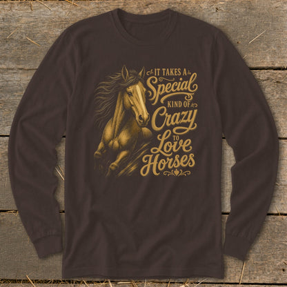 Brown long-sleeve shirt with a golden horse graphic and text.