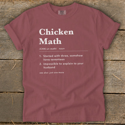 Maroon t-shirt with "Chicken Math" definition.