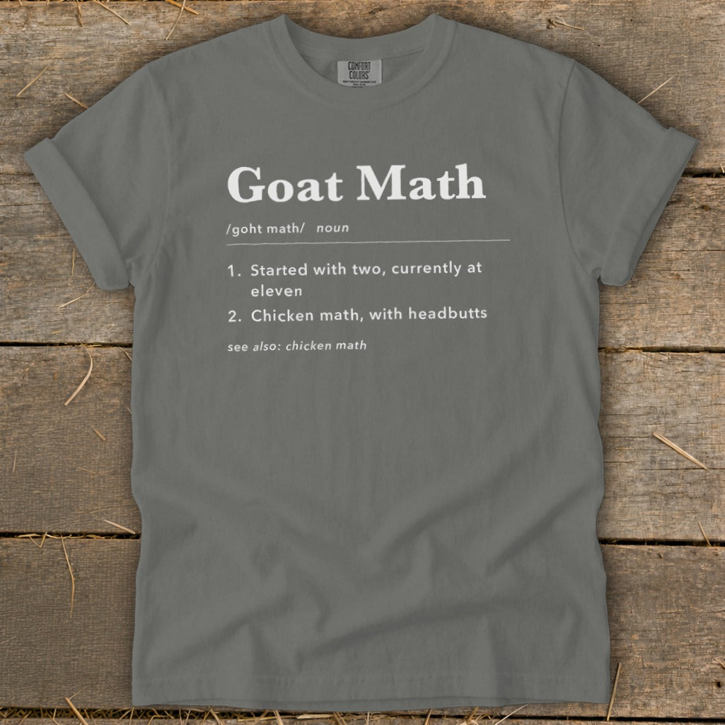 Gray t-shirt with "Goat Math" definition, including two numbered definitions and a "see also" reference.