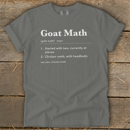 Gray t-shirt with "Goat Math" definition, including two numbered definitions and a "see also" reference.