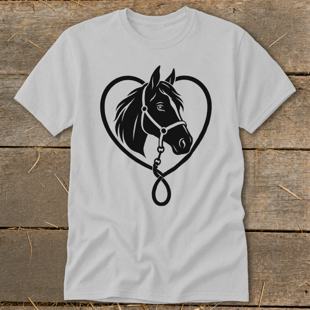 A light gray crewneck t-shirt featuring a black graphic of a horse head inside a heart-shaped outline.