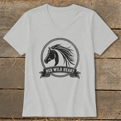 Gray v-neck t-shirt with a black horse head and rope circle graphic and "HER WILD HEART" text.