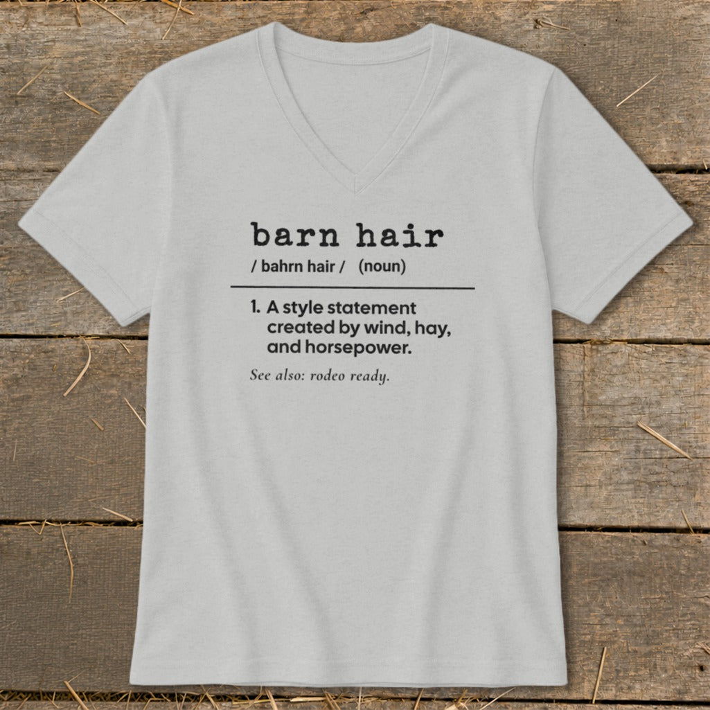 Gray t-shirt with "barn hair" definition: a style statement created by wind, hay, and horsepower.