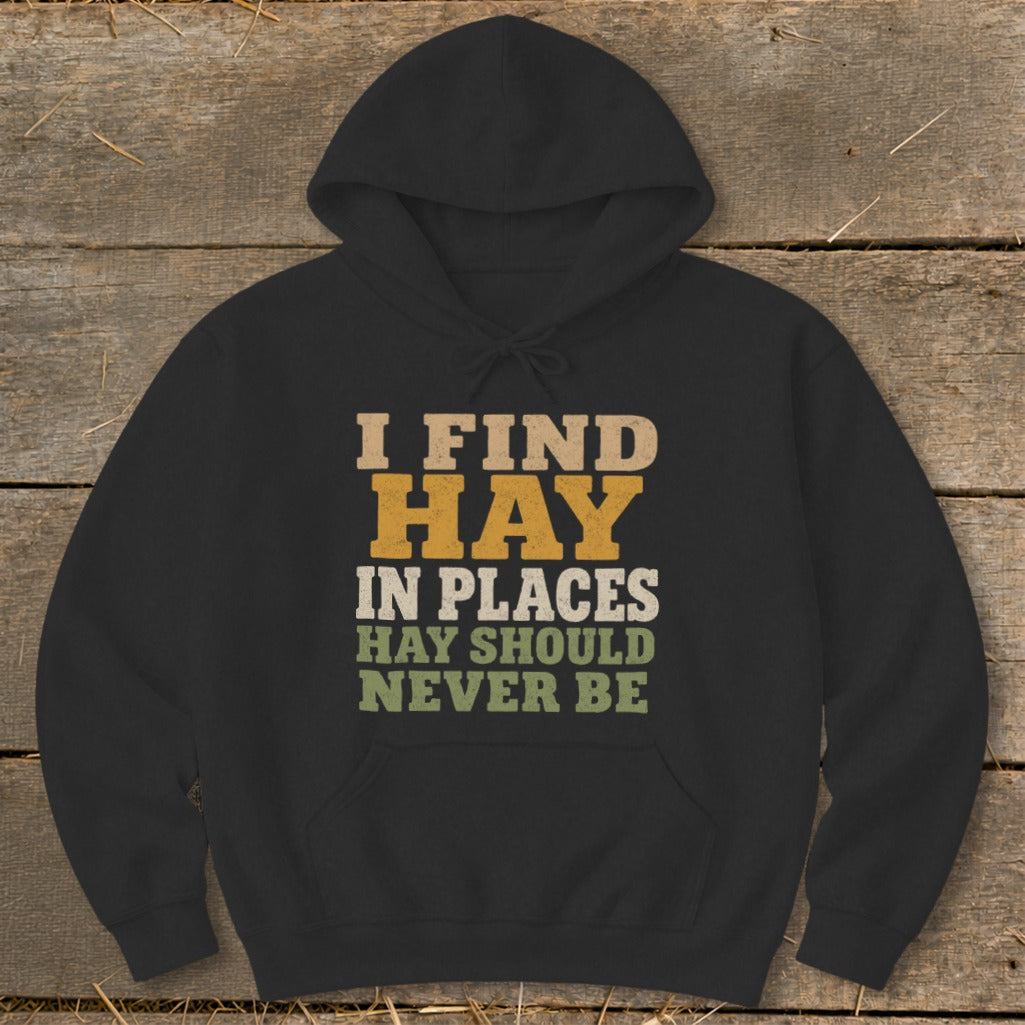 Black hoodie with text "I FIND HAY IN PLACES HAY SHOULD NEVER BE".