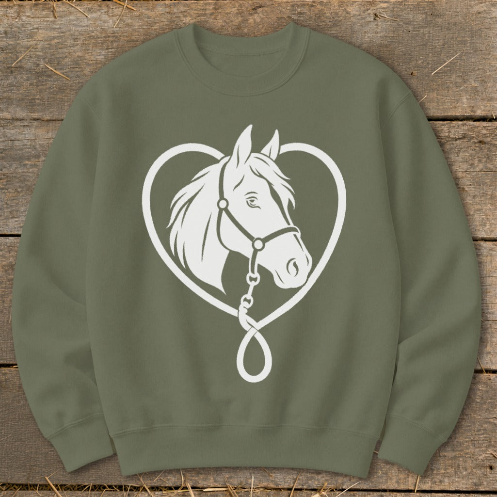 An olive green crewneck sweatshirt featuring a white graphic of a horse's head framed inside a heart.