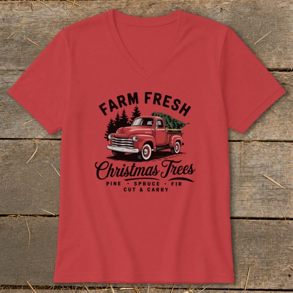 Red t-shirt with "Farm Fresh Christmas Trees" text and vintage truck graphic.