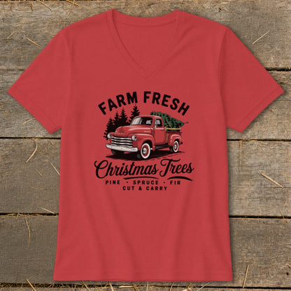 Red t-shirt with "Farm Fresh Christmas Trees" text and vintage truck graphic.