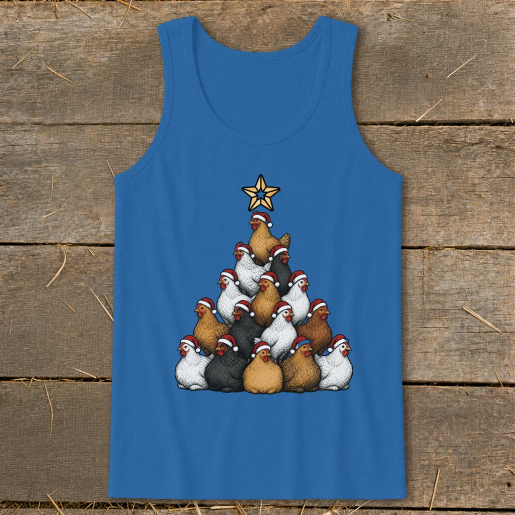 Blue tank top with Christmas tree made of chickens wearing Santa hats.