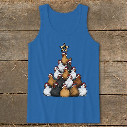 Blue tank top with Christmas tree made of chickens wearing Santa hats.