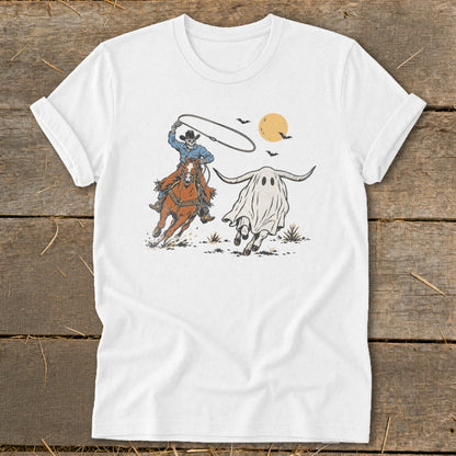 Skeleton cowboy riding horse, lassoing a longhorn steer ghost with bats and moon.