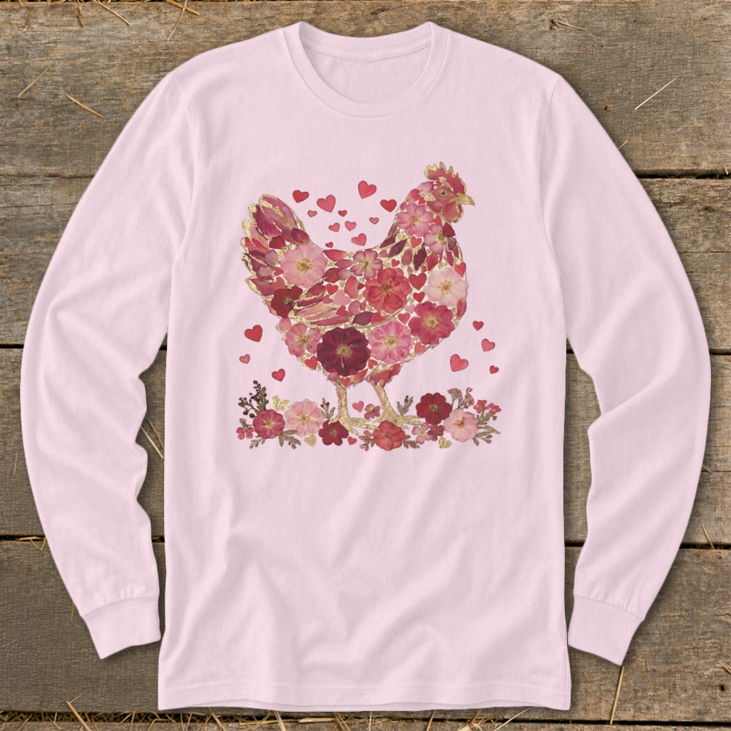 Pink long sleeve shirt with a chicken graphic made of flowers and hearts.