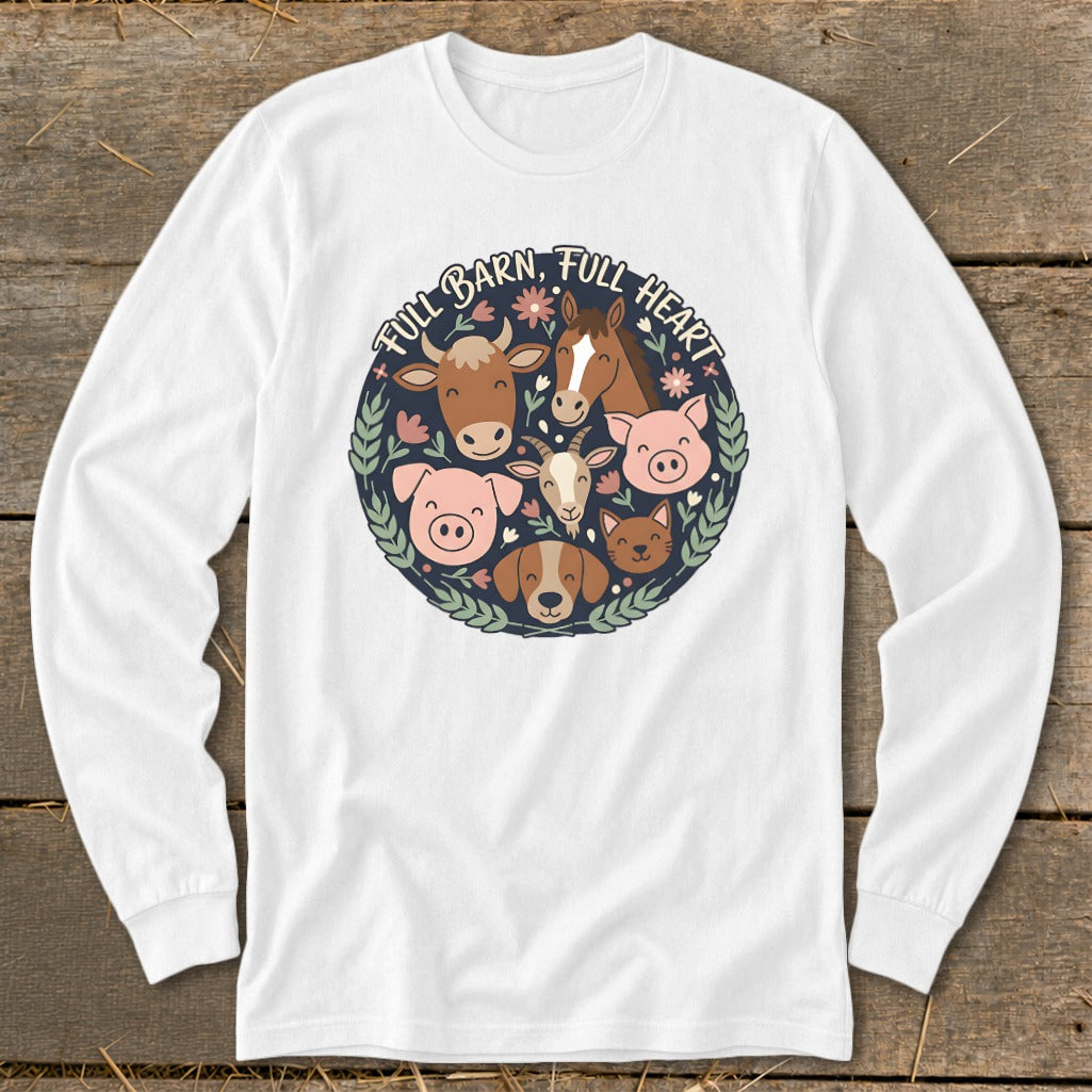 White long sleeve shirt with farm animals and the text "FULL BARN, FULL HEART".