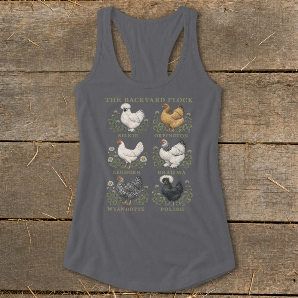 Gray tank top with "The Backyard Flock" and illustrations of Silkie, Orpington, Leghorn, Brahma, Wyandotte, and Polish chickens.