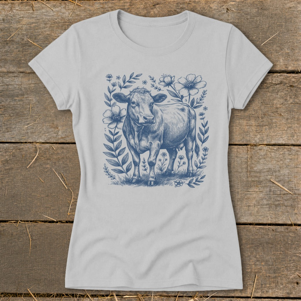 Light blue t-shirt featuring a sketched cow surrounded by blue floral elements.