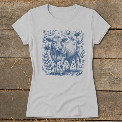 Light blue t-shirt featuring a sketched cow surrounded by blue floral elements.
