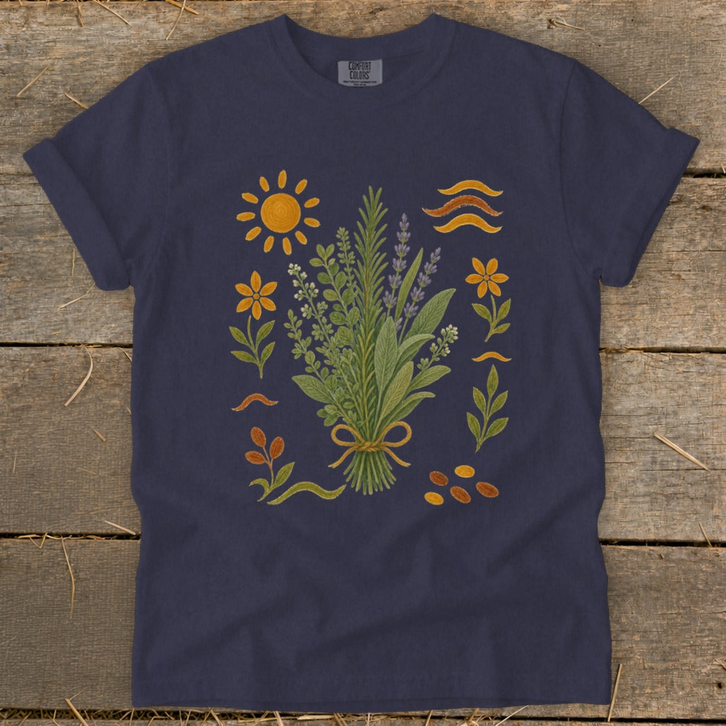 Navy t-shirt with a bouquet of herbs and flowers, sun, and wavy lines.