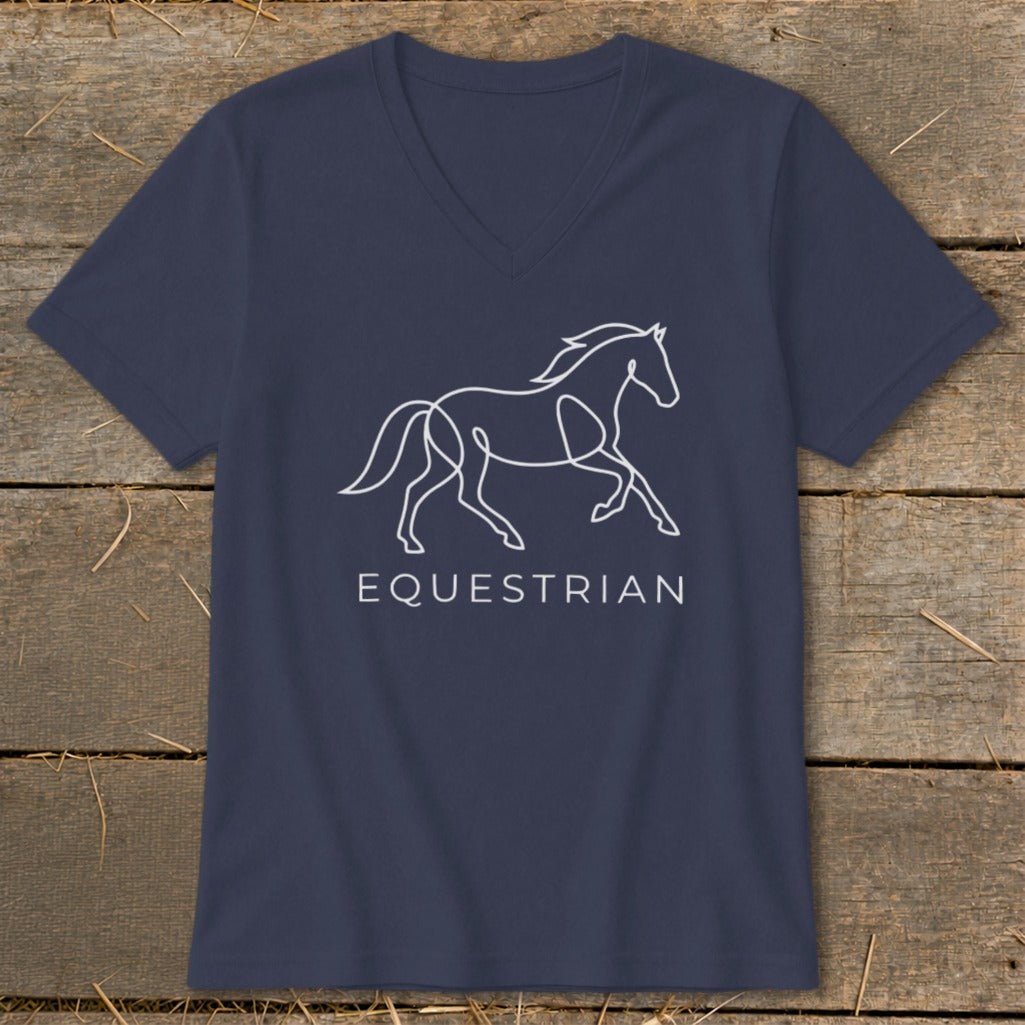 Navy v-neck t-shirt with white line art of a horse and the word EQUESTRIAN.
