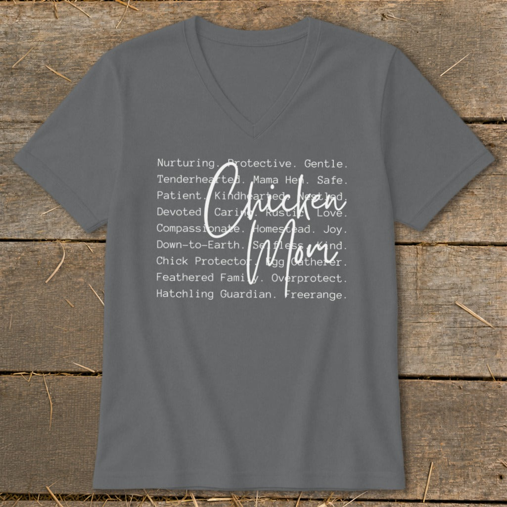 Gray v-neck t-shirt with white text "Chicken Mom" and descriptive words.