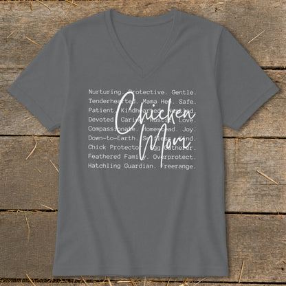 Gray v-neck t-shirt with white text "Chicken Mom" and descriptive words.