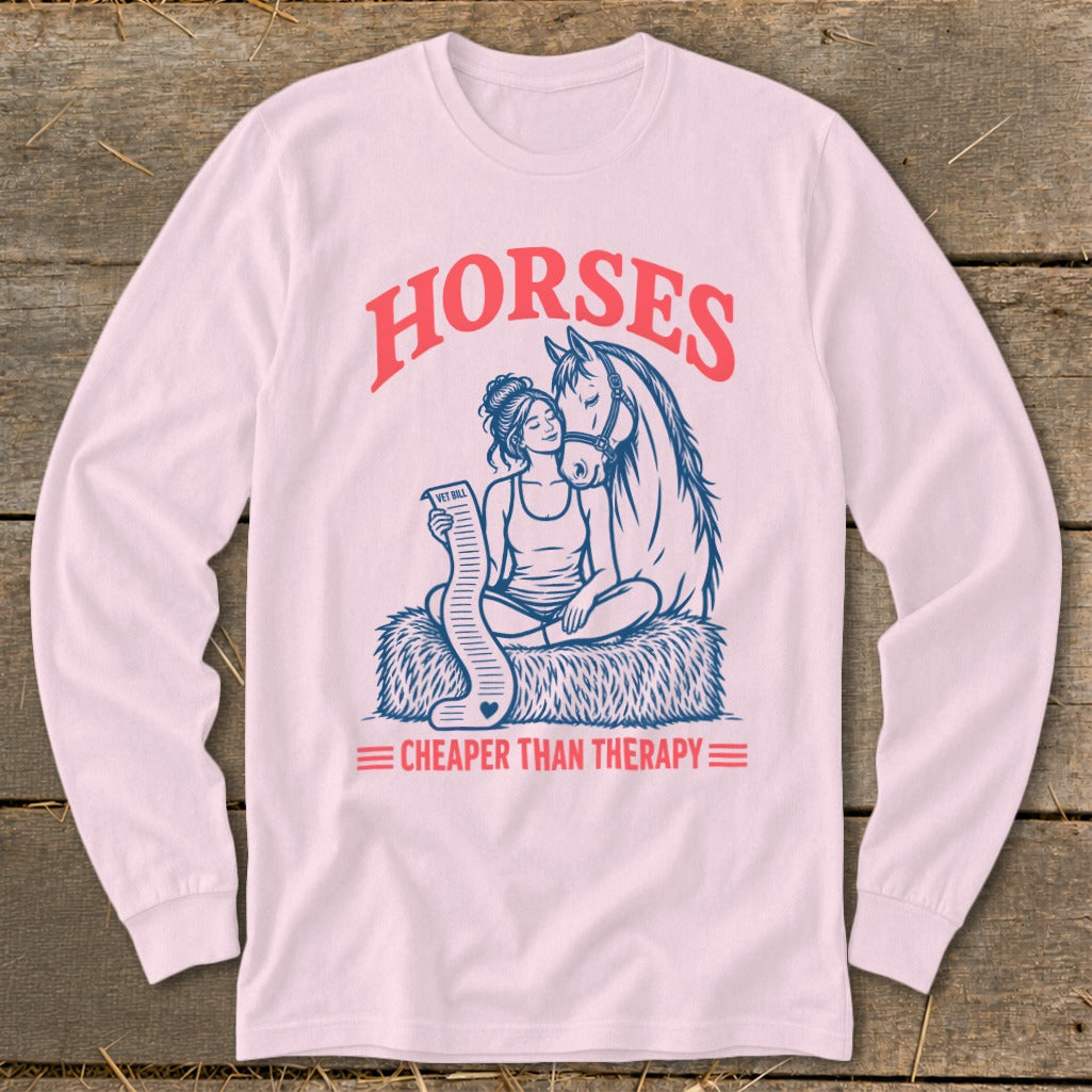 Illustration of a woman and horse, text "HORSES CHEAPER THAN THERAPY".