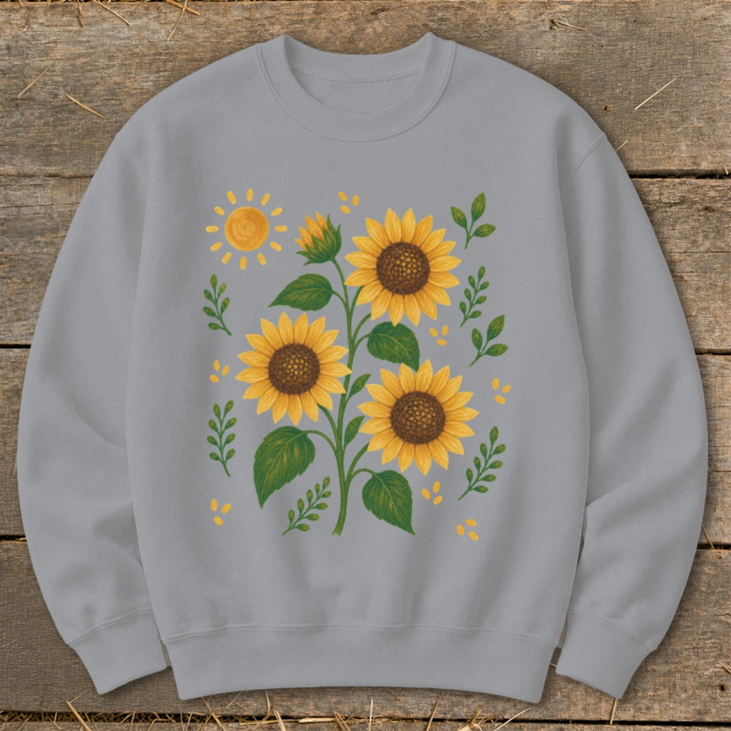 Gray sweatshirt with a watercolor-style sunflower and sun graphic.
