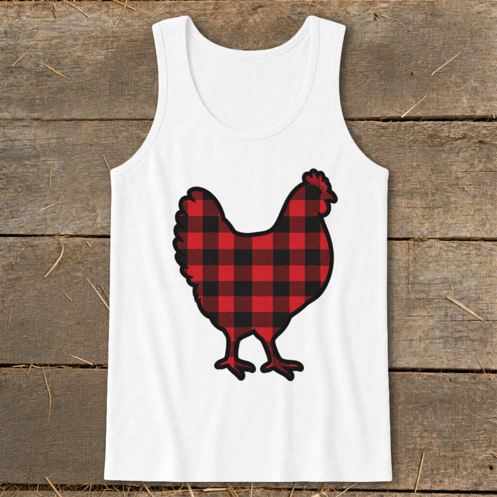 White tank top with a red and black buffalo plaid chicken graphic.