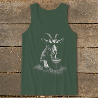 Goat wearing sunglasses sips from a cup on a dark green tank top.