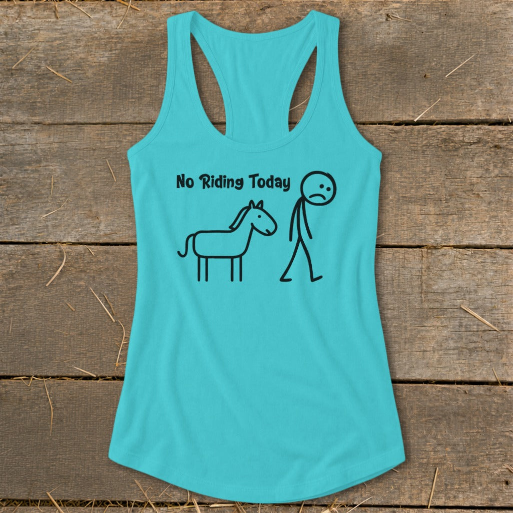 Turquoise tank top with black text and stick figures of a horse and sad person.