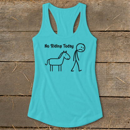 Turquoise tank top with black text and stick figures of a horse and sad person.