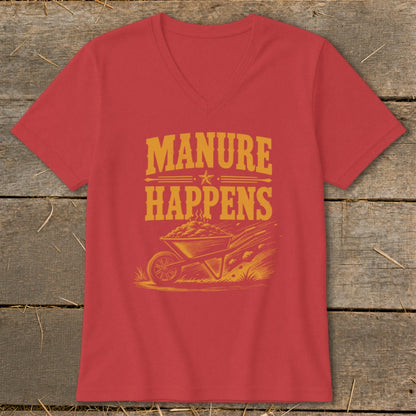 Red v-neck t-shirt with yellow text and graphic of a wheelbarrow full of manure.