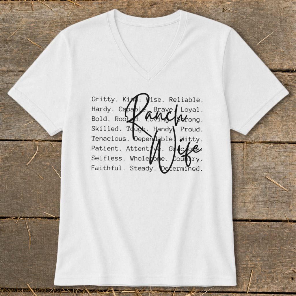 White V-neck t-shirt with "Ranch Wife" and descriptive words in black text.