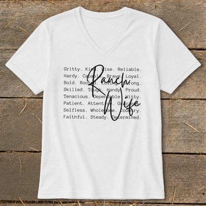 White V-neck t-shirt with "Ranch Wife" and descriptive words in black text.