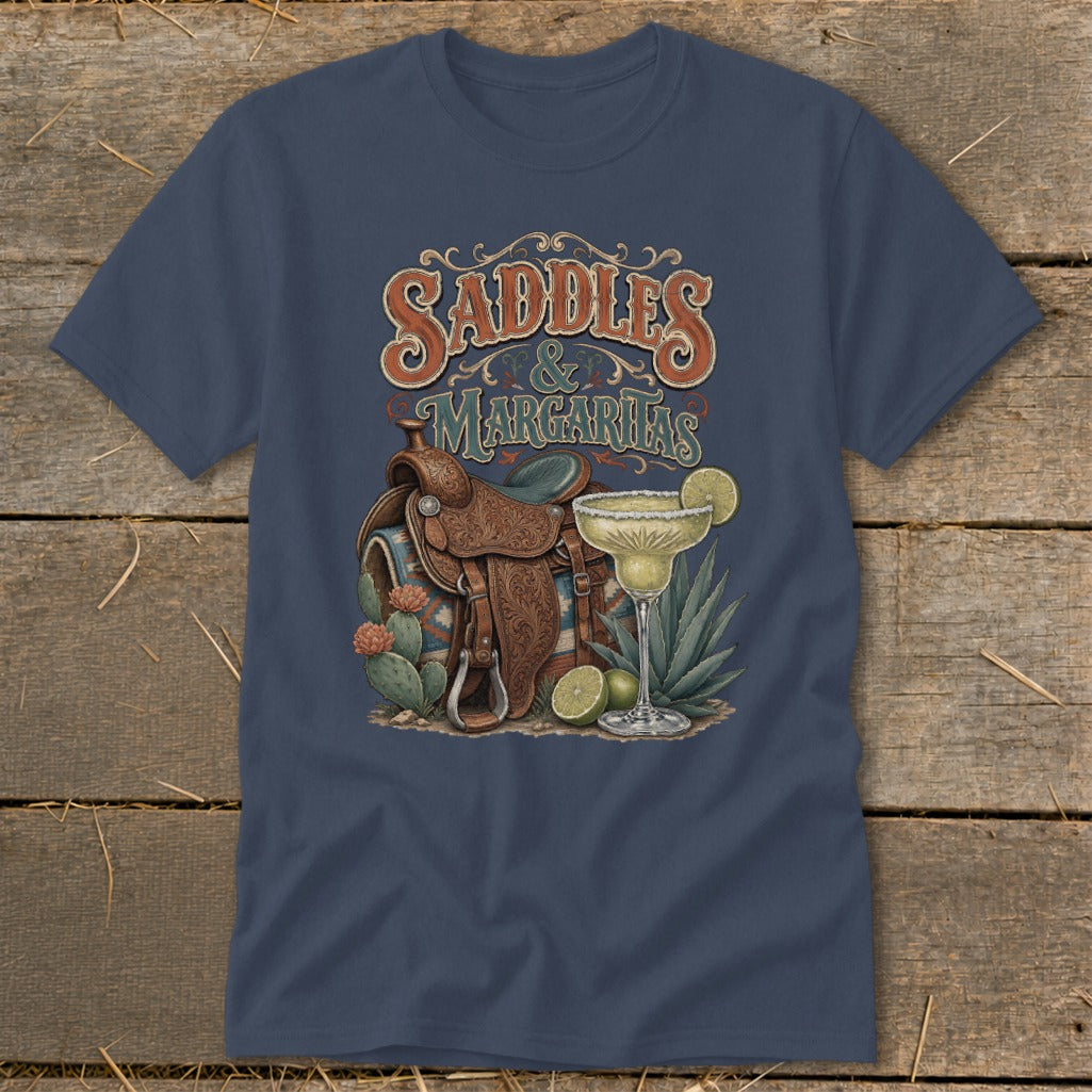 Saddles & Margaritas graphic tee with western saddle, cactus, and margarita.