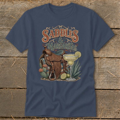 Saddles & Margaritas graphic tee with western saddle, cactus, and margarita.