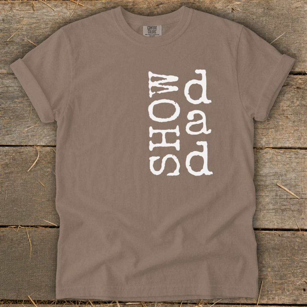 Taupe t-shirt with white "Show Dad" text vertically aligned.