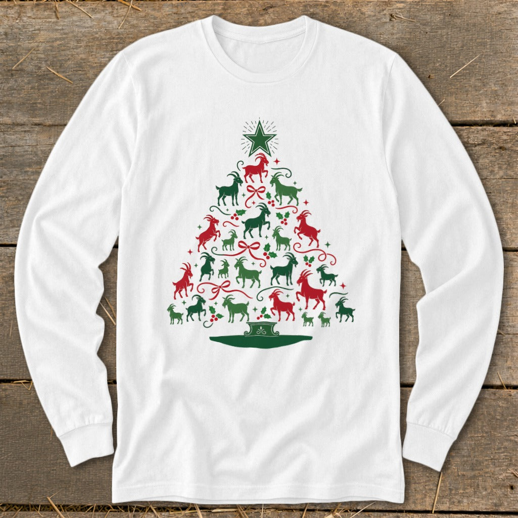 White long-sleeved shirt with red and green goat silhouettes forming a Christmas tree.